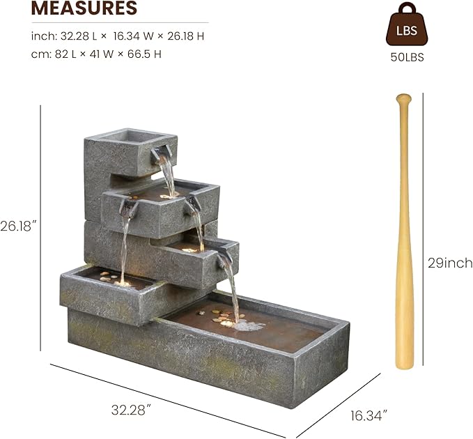 Water Fountain Outdoor Garden Waterfall Freestanding Cascade Tiered Fountains Water Feature with LED Lights for Patio Backyard Pool Home Decor, 32.5 inches Long, Gray