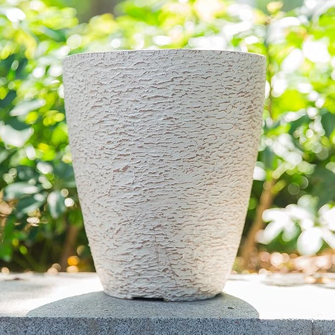10 inch Garden Planter Lightweight Indoor Outdoor Pots with Drainage Hole for Potted Plants Flowers Greenery, Set of 2 (Beige Grain Texture)