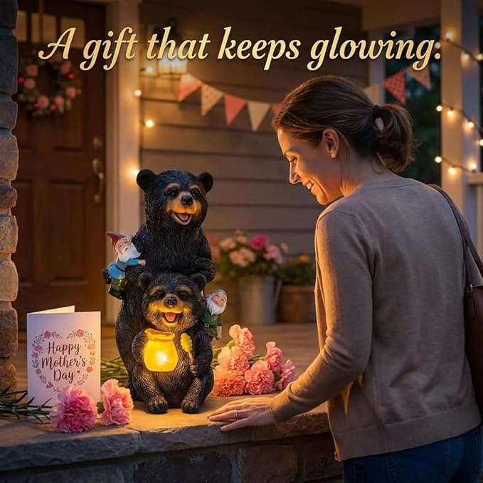 PETAFLOP Solar Garden Decor, Bear Family Statue with Glowing Honey Jar and Friendly Gnomes, Cozy Woodland Outdoor Ornament for Patio Porch Yard, Heartwarming Housewarming Gift