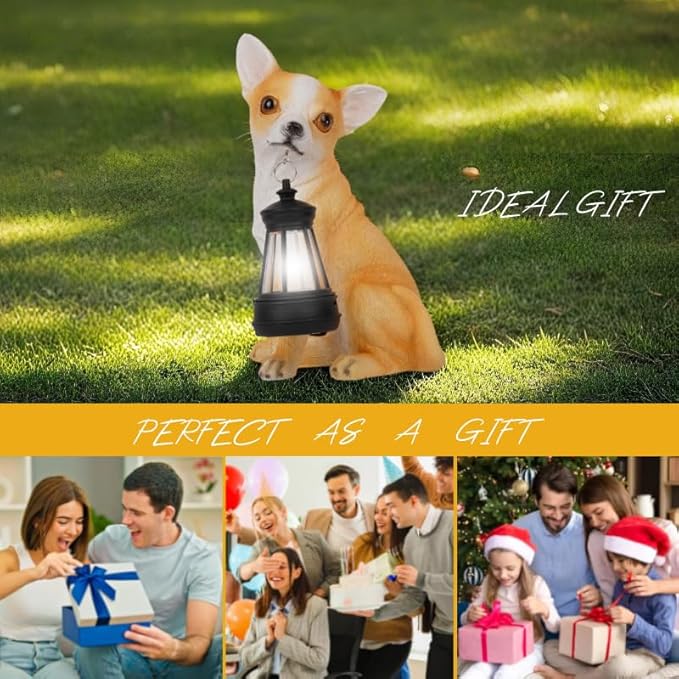 Chihuahua Garden Statues with Solar Lantern, Outdoor Figurine Resin Sculpture Hanging Solar Power Lights for Decoration Yard Patio Balcony Lawn Ornament Art Decor, Unique Gift for Grandma Wowen Mom