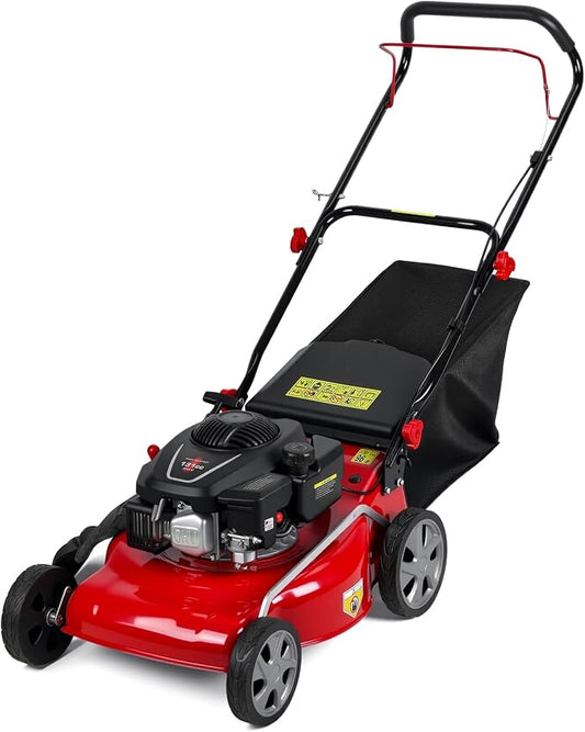 18" Gas Lawn Mower, 131cc Gas Powered Lawnmower Self Propelled, Walk-Behind Push Lawn Mowers with 13-Gal Grass Bag, 8 Position Height Adjustment for Yard Trimmer Gardening Care and Lawns Maintenance by leasote
