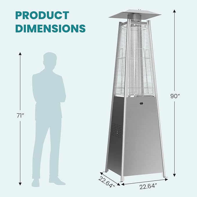 OLIXIS 48000 BTU Pyramid Patio Heater, Outdoor Heater with Wheels and Ignition, Propane Patio Heater for Home, Backyard, Garden, Deck and Patio, Silvery