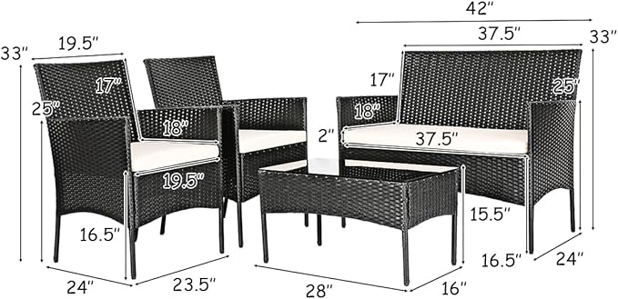 8 Pieces Patio Furniture Set, Outdoor Conversation Set with Ergonomic Curved Backrest, Patio Chair Set with Water-Resistant Cushion & Tempered Glass Table for Balcony,Porch,Poolside(Beige)