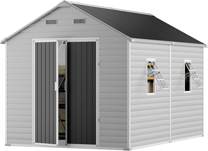 CDCASA Resin Storage Shed 8x12 FT, Waterproof Outdoor Sheds Heavy Duty Aluminum Frame Outside Plastic Tool Shed with Adjustable Openable Windows, Lockable Door for Backyard, Garden, Lawn, Dove Grey by CDCASA