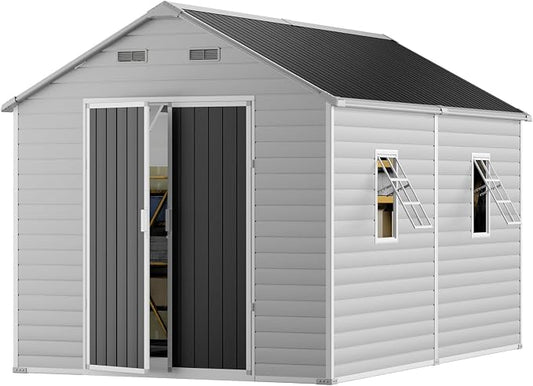 CDCASA Resin Storage Shed 8x12 FT, Waterproof Outdoor Sheds Heavy Duty Aluminum Frame Outside Plastic Tool Shed with Adjustable Openable Windows, Lockable Door for Backyard, Garden, Lawn, Dove Grey by CDCASA