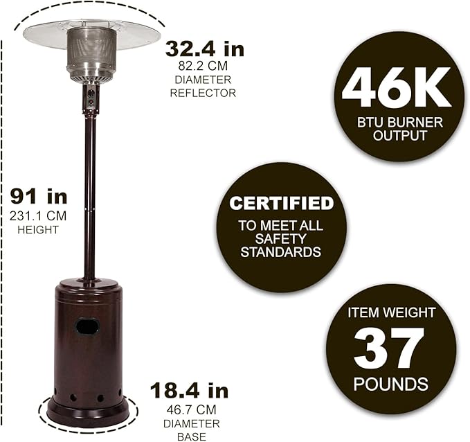 Amazon Basics 46,000 BTU Portable Outdoor Propane Patio Heater with Wheels, Commercial & Residential, Easy to Use, with Water Tank, Havana Bronze, 32.1 x 32.1 x 91.3 inches