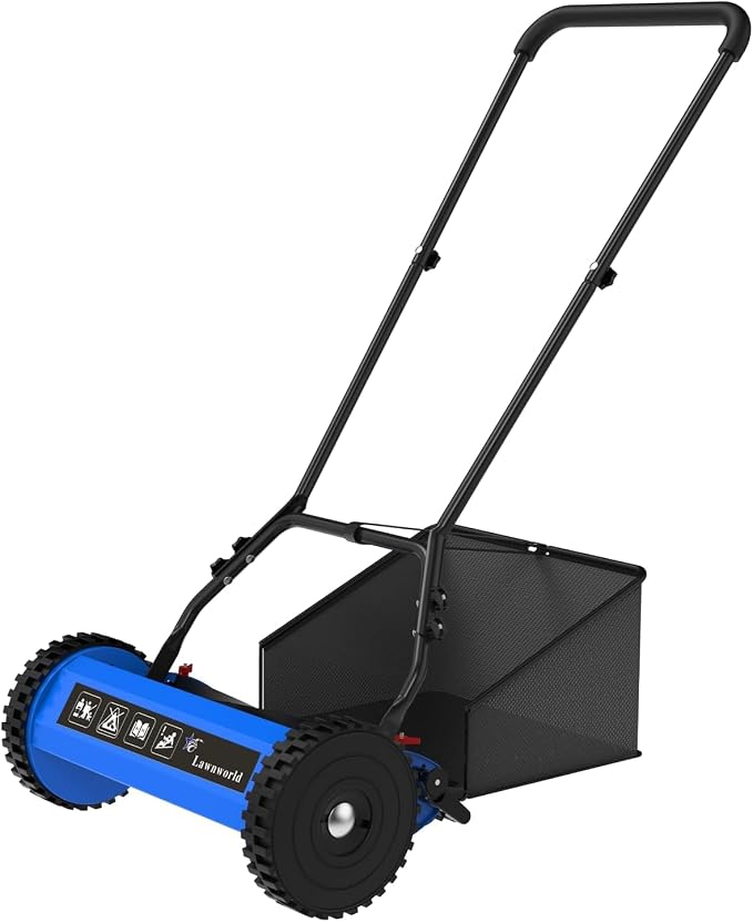 16-Inch Reel Lawn Mower with Grass Catcher and Tool-Free Blade Adjustment, 5-Blade Manual Push Lawn Mower, 5-Position Height Adjustable by Unknown