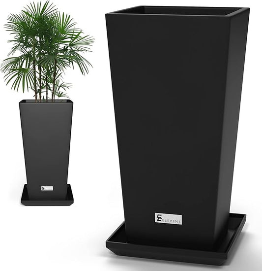 Elevens Outdoor Planter Larger Flower Pots Indoor Taper Garden V-Shape Tall Planters 28 inches Garden Pots Planter with 2 Trays - Black（2 Packs）, 28"-2 Pack (A-GE01002)