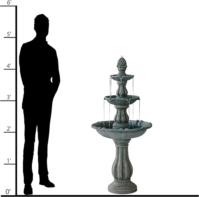 XBrand 51" 3-Tier Outdoor Freestanding Waterfall Fountain with Pump and Pineapple Finial, Gray