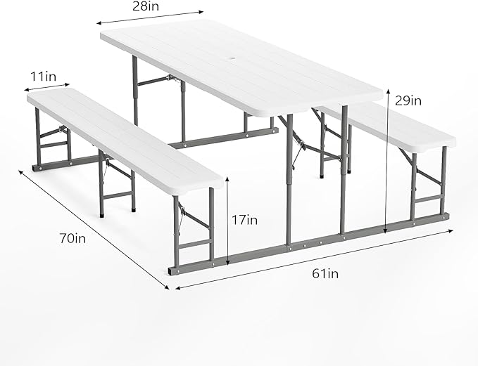 VINGLI Folding Picnic Table and Bench Set, Portable Outdoor Dining Furniture for Camping, Patio, Backyard, Wood Grain Plastic Top with Metal Frame (White) - Image 9