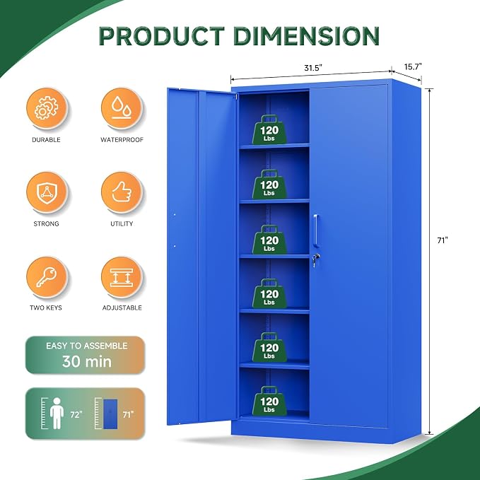 Letaya Metal Garage Storage Cabinets with Lock Door and Adjustable Shelves, Steel Tool Cabinets for Home,Office,Warehouse Organisieren (Blue) - Image 3