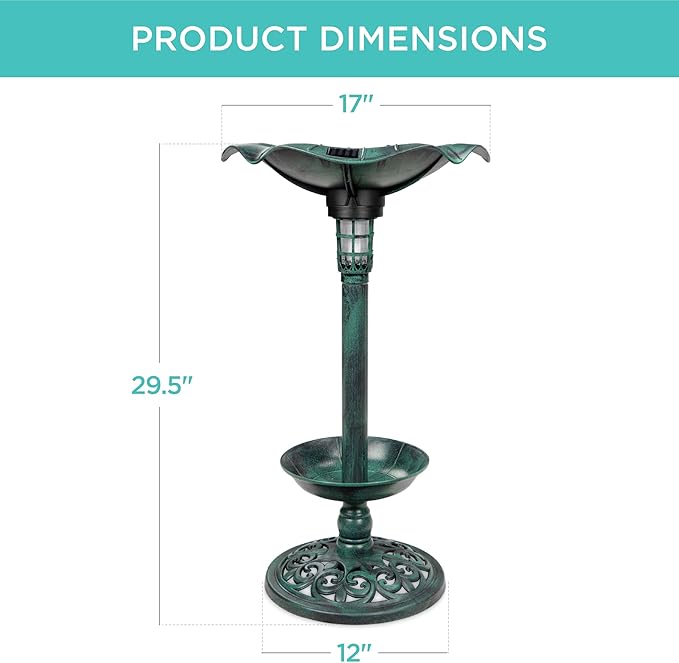 Best Choice Products Outdoor Solar Lighted Pedestal Bird Bath Fountain Decoration w/Planter, Integrated Panel, Scroll Accents for Lawn, Garden - Green
