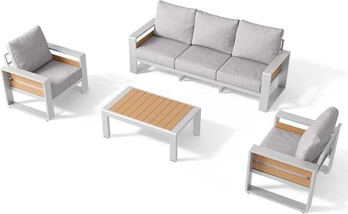 Aoxun Aluminum Patio Furniture Set, 5 Seats Luxury Outdoor Sectional with 6" Olefin Fabric Cushions, Patio Conversation Sets with Coffee Table Outdoor Sofas for Backyard, Deck Grey