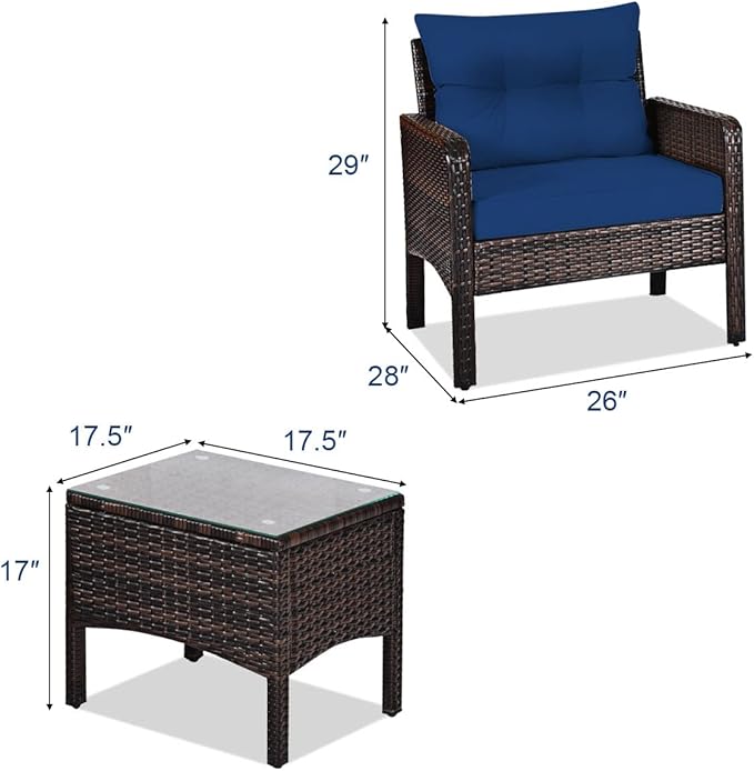 Tangkula 3 Piece Outdoor Patio Furniture Set, Wicker Chairs Set with Glass Top Coffee Table, Thick Cushions, All Weather Garden Lawn Poolside Backyard Porch Furniture Set for 2 (Blue)