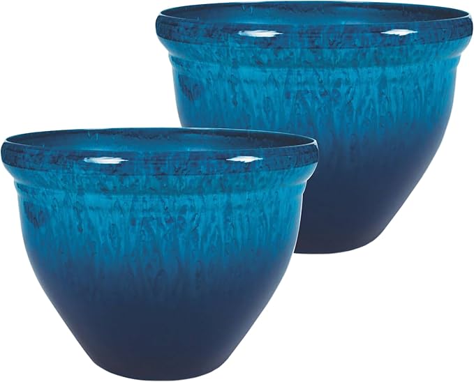 The HC Companies 12 Inch Pizzazz Round Planter Pots with Ceramic Look, Lightweight UV-Resistant Plastic Indoor & Outdoor Planters, 2-Pack Flower Pots for Garden & Home Decor, Admiral Blue