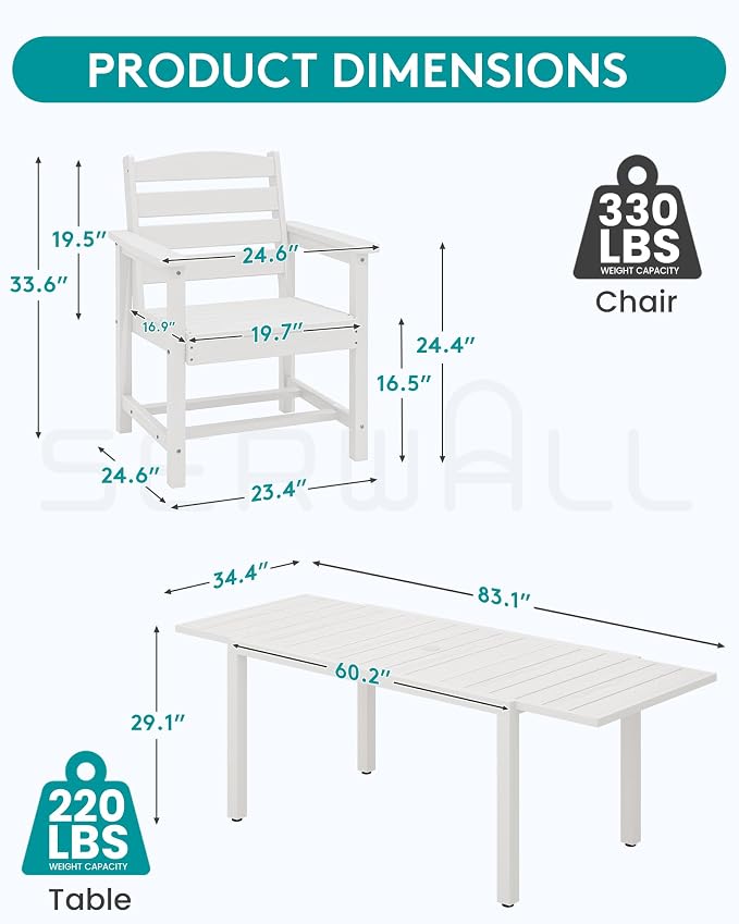 SERWALL 9-Piece Outdoor Dining Set, 60" - 83" Expandable Outdoor Dining Table and 8 HDPE Chairs, All Weather HDPE Outdoor Furniture Set for Backyard, Garden, White - Image 5
