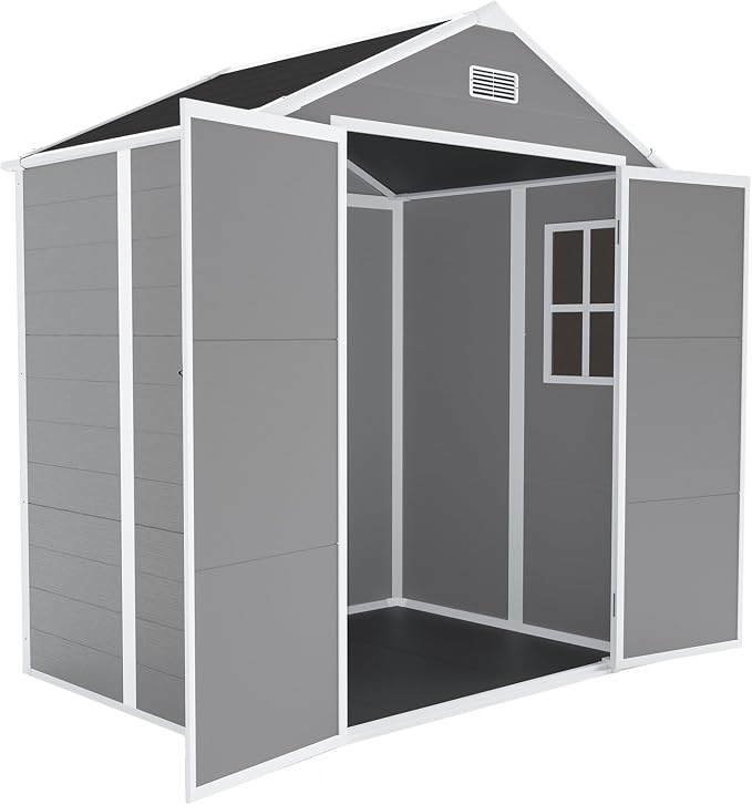 YOPTO 6x5 FT Resin Storage Shed,Garden House with Floor & Lockable Door,Waterproof Plastic Tool Sheds W/Slanting Roof Visual Window & Air Vents for Bicycles,Lawnmowers,Lawn,All Weather Use,Gray - Image 14