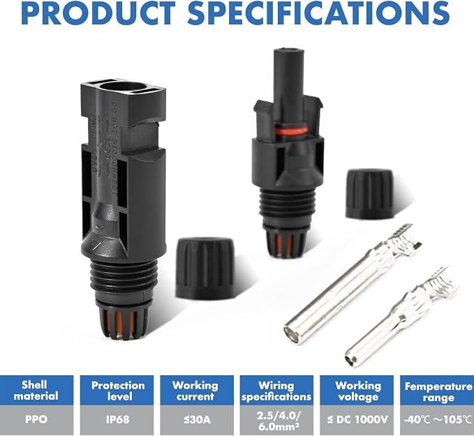 40 PCS Solar Connectors, Male/Female Waterproof IP67, MC4 1000V 30A, (20Pairs) Solar Panel Cable Connectors with 2 Spanners(10AWG) - Image 6