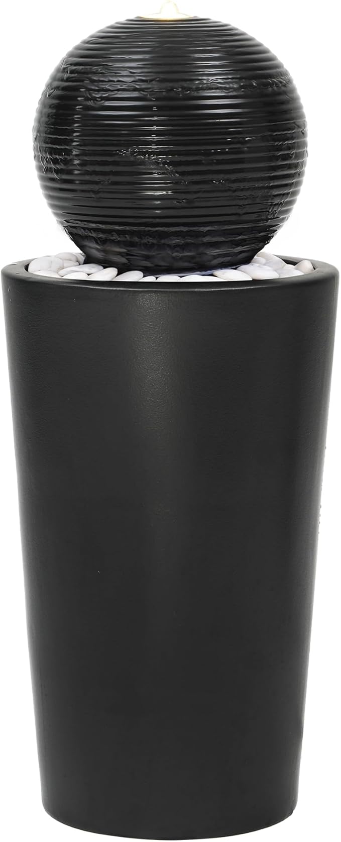 30" Ceramic Sphere Outdoor Fountain, Modern Pedestal Water Feature with LED Lights, Soothing Cascading Waterfall for Garden Patio Yard Deck or Porch Relaxing, Matte Black Glaze, White Pebbles