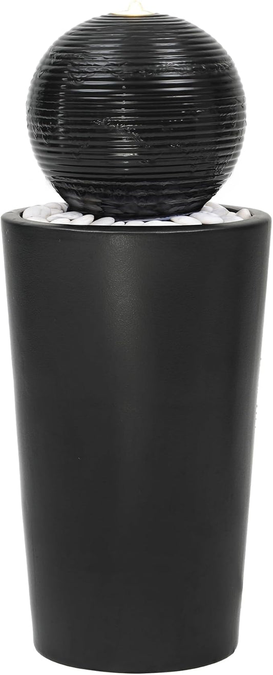 30" Ceramic Sphere Outdoor Fountain, Modern Pedestal Water Feature with LED Lights, Soothing Cascading Waterfall for Garden Patio Yard Deck or Porch Relaxing, Matte Black Glaze, White Pebbles