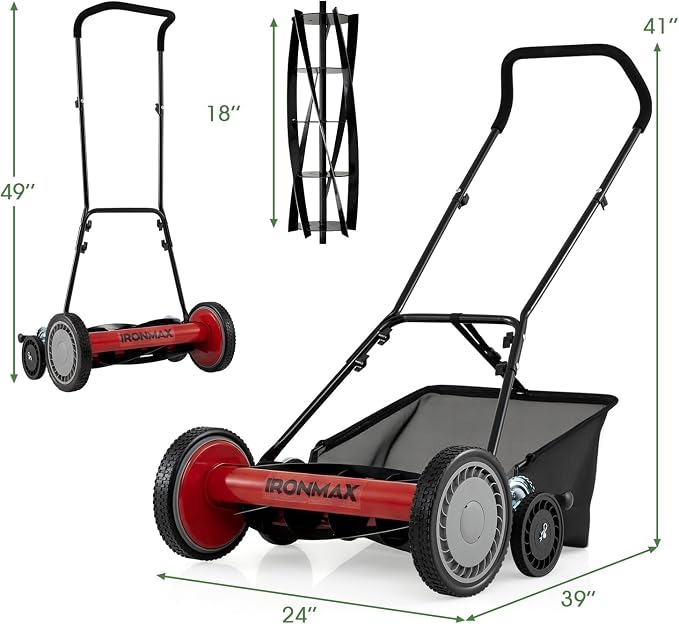 IRONMAX 18 Inch 5-Blade Push Reel Lawn Mower, 9-Level Adjustable Cutting Heights, Removable Grass Catcher, Lightweight No Motor Walk-Behind Manual Grass Cutter for Garden Yard Park (Red, 18 Inch) - Image 3