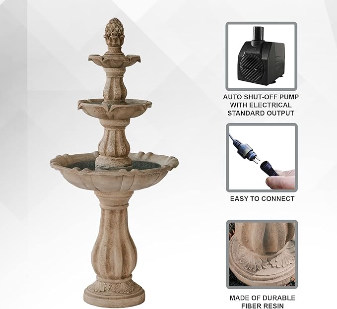 XBrand 51" 3-Tier Outdoor Freestanding Waterfall Fountain with Pump and Pineapple Finial, Beige
