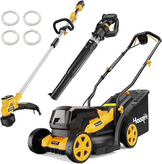 3-Piece Cordless Lawn Care Bundle Compatible with DEWALT 20V MAX Battery: 14" 40V(2x20V) Foldable Lawn Mower, 16" Brushless String Trimmer & 600 CFM Leaf Blower, Tool Only by Houselife