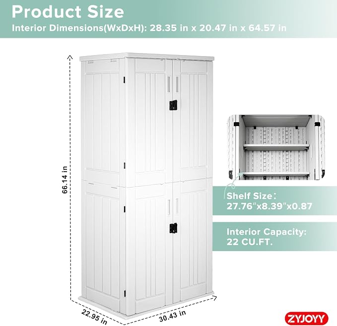 ZYJOYY Outdoor Storage Cabinet with 4 Shelves, 31.5" x 23.23" x 66.22" White Waterproof Resin Vertical Tool Shed, Lockable 30 cu.ft. Storage Shed for Patio, Garden, Yard - Image 2