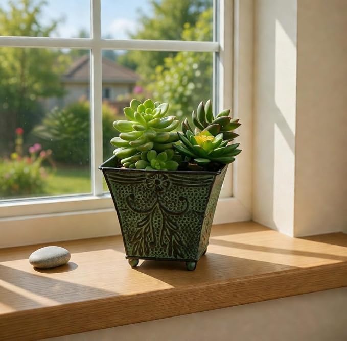 Hosley Set of 4 Green Patina Embossed Metal Planters with Ornate Floral Design, 5.25" L x 5.25" W x 5" H ?€? Ideal for Floral Arrangements, Home D??cor, Garden Accents, Rustic Weddings.