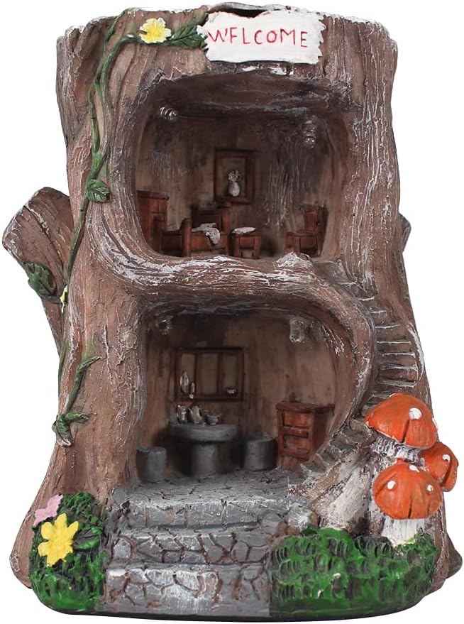 Solar Light Fairy Tree House - Fun Natural Figurine Sculpture with Solar LED Lights for Indoor Outdoor Art Decorations, Patio Yard Lawn Ornaments Gift