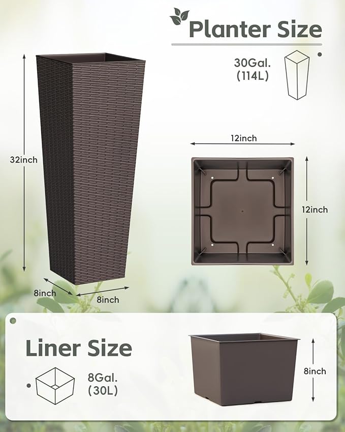 32 Inch Tall Plastic Planters(Set of 2), Detachable Inner Pot & Drainage Holes, Outdoor Decorative Flower Pots for Large Plants, Trees, Patio, and Garden, Brown