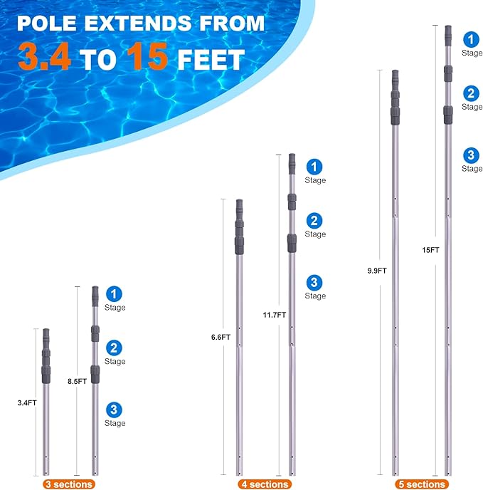 Sepetrel Pool Pole - Professional 15 Foot Telescoping Swimming Pool Cleaning Poles,Adjustable Telescopic Pole,for Skimmer Net,Brush,Vacuum Head - Image 3