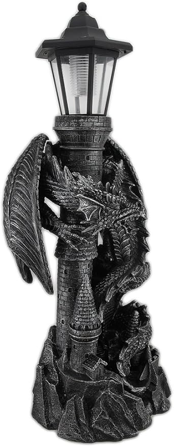 Zeckos 'Keeper of The Castle' Medieval Dragon Statue with Solar-Powered LED Lantern - 21 Inches High - Majestic Outdoor Decor Symbolizing Protection and Gothic Enchantment