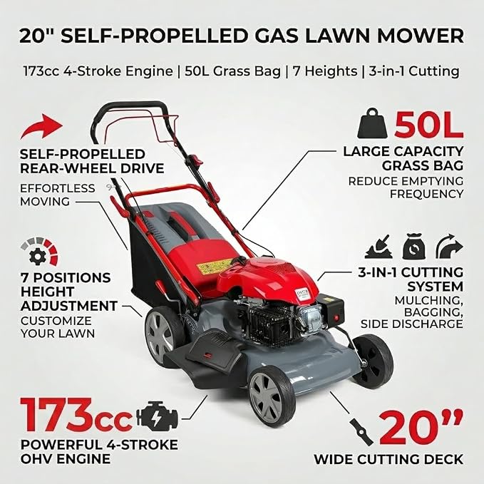 173cc Gas Lawn Mower, Self-Propelled Rear Wheel Drive, Adjustable 3-Speed Settings, 20" Cutting Width, 60L Grass Catcher, Ideal for Large Lawns, Easy Start & Efficient Grass Collect Red - Image 3