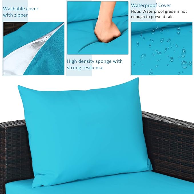 Tangkula 5 Piece Outdoor Patio Furniture Set, Sturdy Frame and Weight Capacity Up to 360 Pound, Wicker Sectional Sofa Set with Glass Top Coffee Table, Porch Garden Poolside Furniture for 4 (Turquoise)