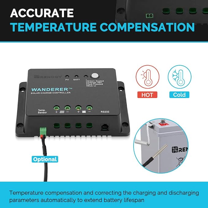 Renogy Wanderer Li 30A 12V PWM Negative Ground Solar Charge Controller Solar Panel Regulator w/ Temp Sensor Function Fit for Lithium, Sealed, Gel, and Flooded Batteries, Wanderer Li 30A - Image 5
