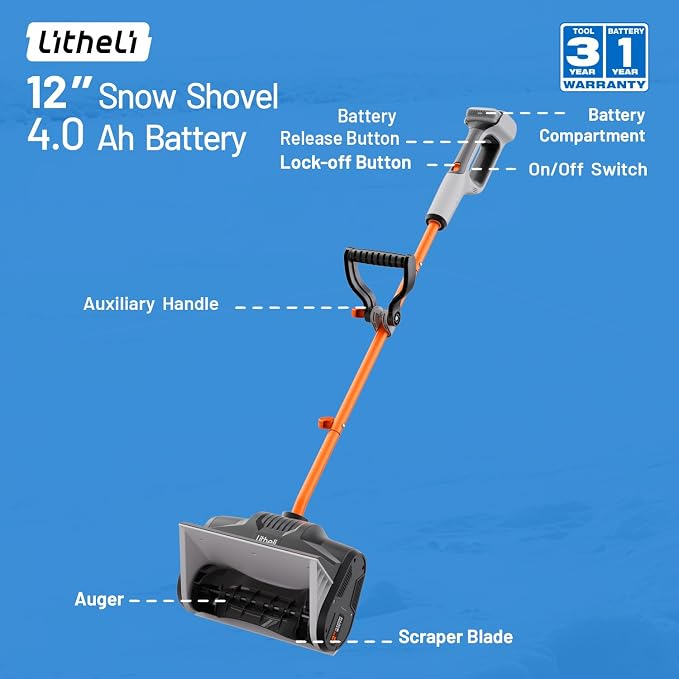 Litheli 20V Cordless Snow Shovel, 12'' Electric Snow Blower with 4 Ah Batteries Included, Lightweight Battery-Powered Snow Thrower for Driveway & Sidewalk - Image 7