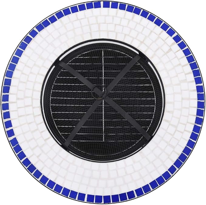 Mosaic Fire Pit Table, Outdoor Patio Wood Burning Fireplace, 26.8" Ceramic Top with Grill, Poker, and Safety Lid for Backyard Heating - Image 8