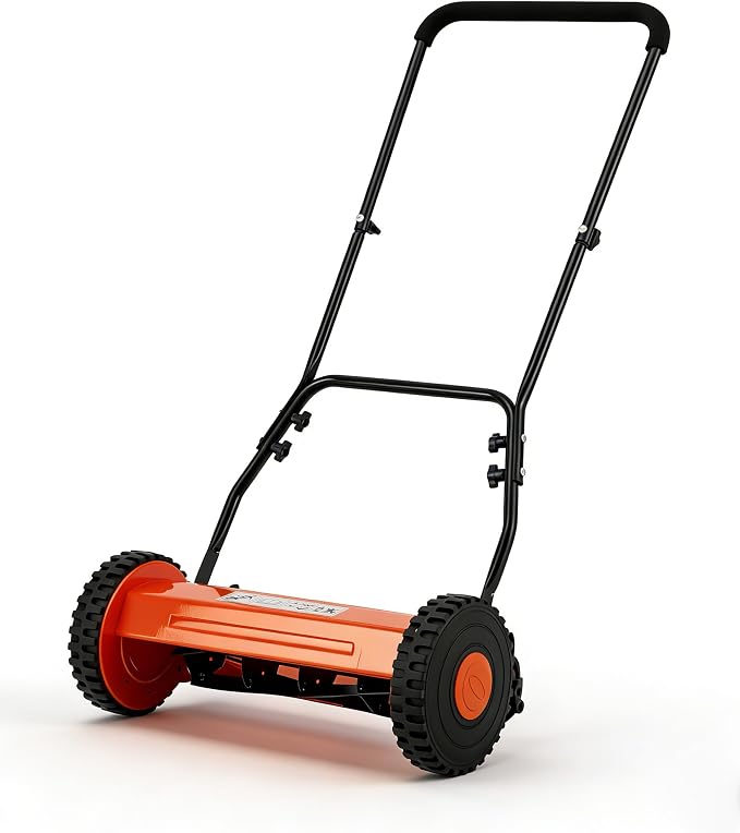 Push Reel Lawn Mower, 14 Inch 5-Blade Manual Reel Lawn Mower, Walk-Behind Lawn Mower with Adjustable Cutting Height, Orange - Image 7
