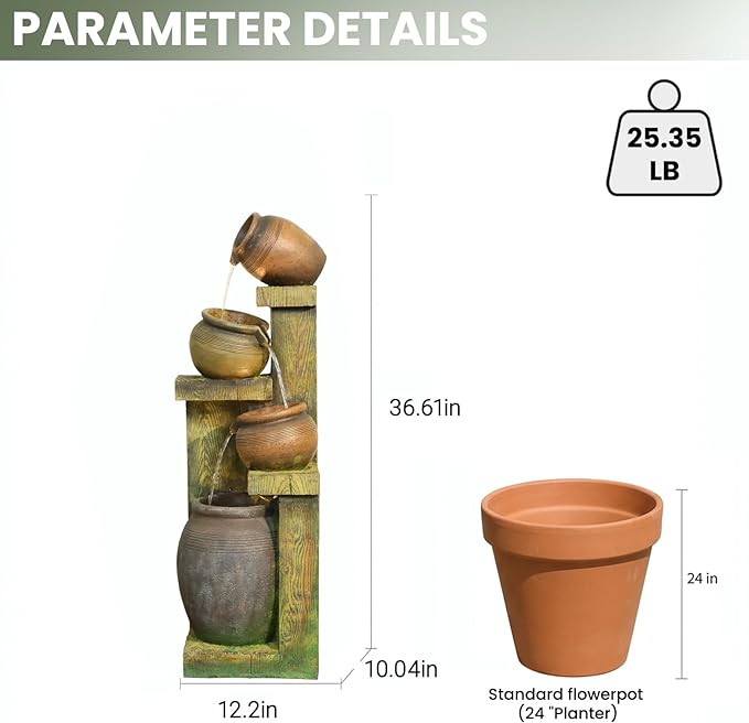 Outdoor Water Fountain with LED Lights, 4-Tier Cascading Waterfall Fountain, Rustic Wood Barrel Resin Outdoor Water Fountain for Garden Patio Backyard Porch Indoor Decor, 36.6" H