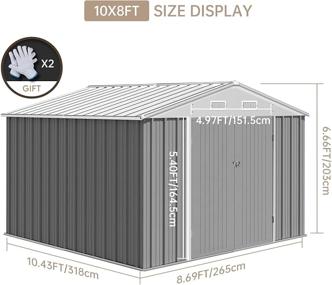 10X12FT Outdoor Metal Storage Shed, Lockable Weatherproof Garden Shed for Tools & Equipment, Durable Galvanized Steel with Sloping Roof & Ventilation, Ideal for Backyard, Patio & Garage Storage, Gray - Image 2