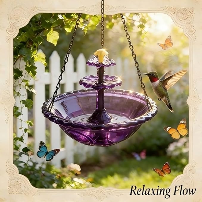 Hanging Solar Bird Bath Fountain 3 Layers,Solar Cascade Hanging Bird Bath Fountain,Hummingbird Water Fountain Solar with Solar Water Pump,Suitable for Gardens,Backyards,Patios,and Lawns. (Purple)