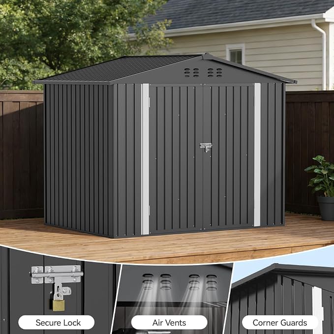 COMHOMA Shed Storage Outdoor Metal Windowed Lockable Weatherproof Ventilated Backyard Garden Utility Workshop(Grey,8'*6') - Image 2