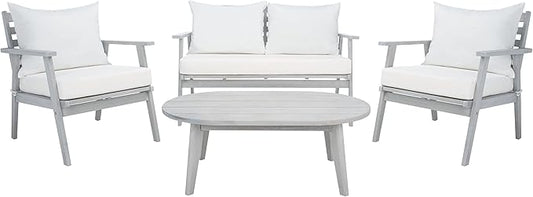 SAFAVIEH Outdoor Collection Deacon Grey/Beige Cushion 4-Piece Conversation Patio Set
