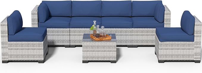 7 Piece Patio Furniture Set, Rattan Outdoor Patio Conversation Sets, Outdoor Sectional Furniture with Thickened Cushion and Coffee Table, for Deck, Backyard, Garden, Off-White & Dark Blue