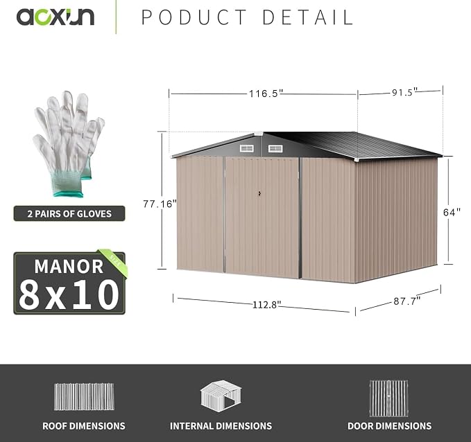 Aoxun 10x8 FT Outdoor Storage Shed with Double Hinged Large Door Utility Garden Shed with Lockable Door & Sloped Roof Metal Sheds Outdoor Storage for Garden, Backyard, Patio and Backyard, Brown - Image 5