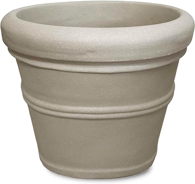 Crescent Garden Brunello Classic Rolled Rim Planter, Indoor/Outdoor Weather-Safe Round Plant Pot, Large Plastic Flowerpot for Flowers, Faux Plants, Trees - 27'' W (Parchment)