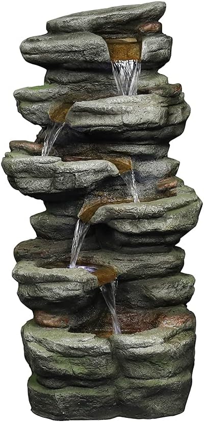 Naturefalls 30.7inches Outdoor Water Fountain - 6-Tiers Rock Waterfall Fountain with Led Lights for Home Garden Decor