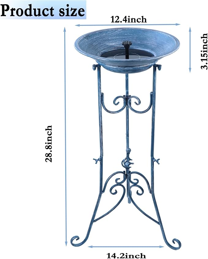 Solar Bird Bath for Outside, Metal Birdbath Stand and Solar Fountain Bird Bath Bubbler Combo Set, Solar Birdbaths for Outdoors Garden Lawn Yard Decor（Blue）