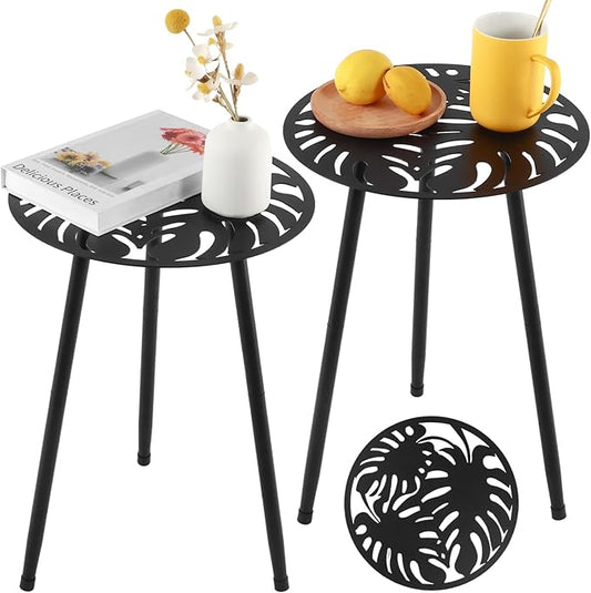 Metal Outdoor Side Tables Set of Two Small Outside Round End Table for Patio Modern Accent Garden Corner Table for Small Spaces, Balcony, Porch, Weather-Resistant, Plant Stand Indoor, Black by PartyZealot